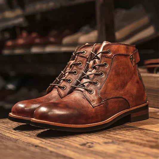 Men's Ankle Boots Lace-Up Leather Rugged Brown - Fashinoza
