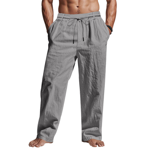 Men's Drawstring Trousers Loose Fit Cotton Beige - Fashinoza