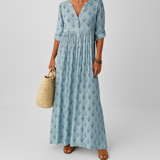 Women's Maxi V-Neck Long Sleeve Boho Dress - Fashinoza