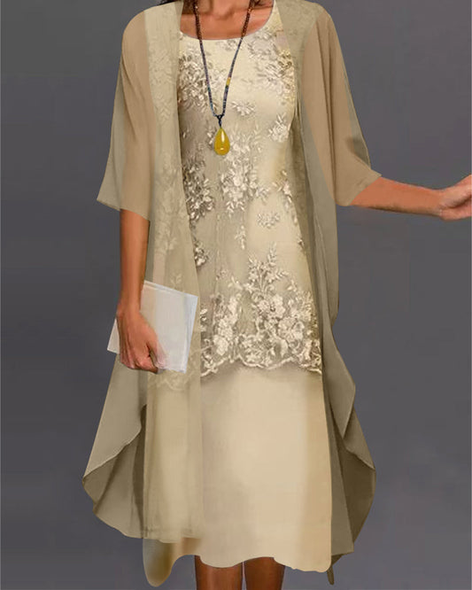 Women's A-Line Midi Dress Set Cardigan Included - 
Fashinoza