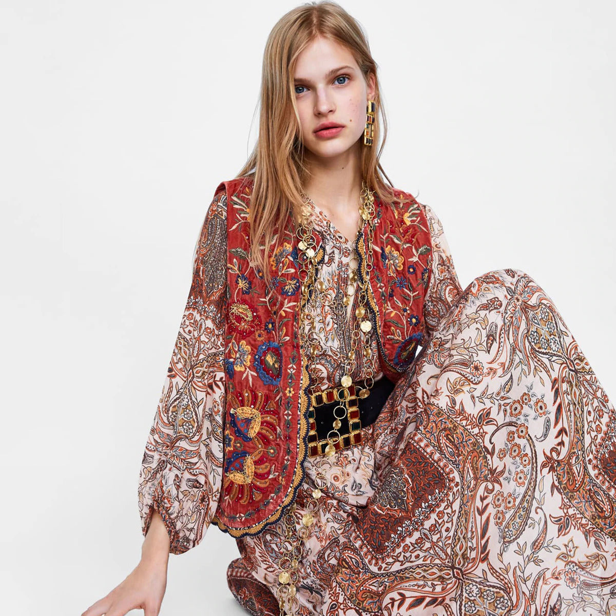 Women's Boho Velvet Waistcoat Floral Pattern - Fashinoza