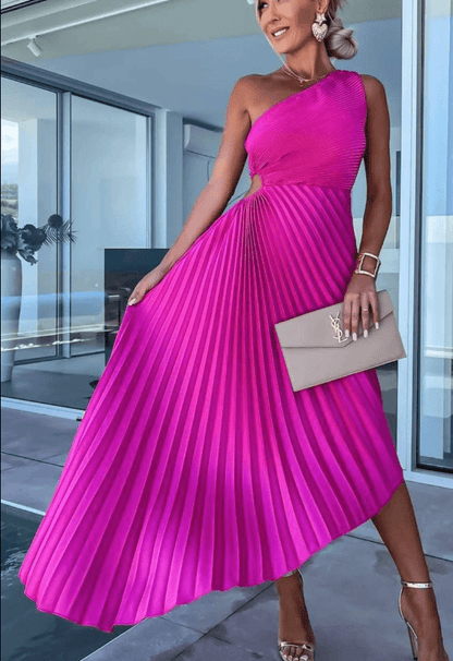 Women's Pleated Maxi Dress Asymmetrical Hemline