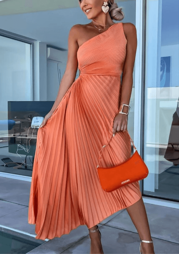 Women's Pleated Maxi Dress Asymmetrical Hemline - 
Fashinoza