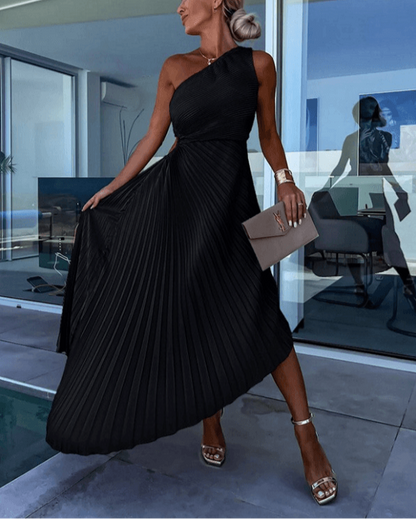 Women's Pleated Maxi Dress Asymmetrical Hemline