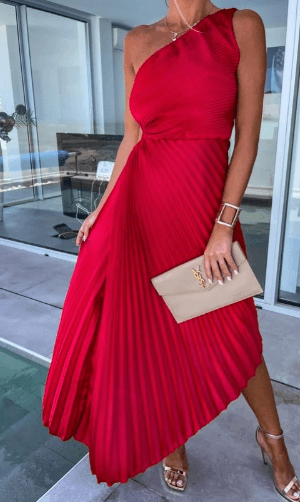 Women's Pleated Maxi Dress Asymmetrical Hemline
