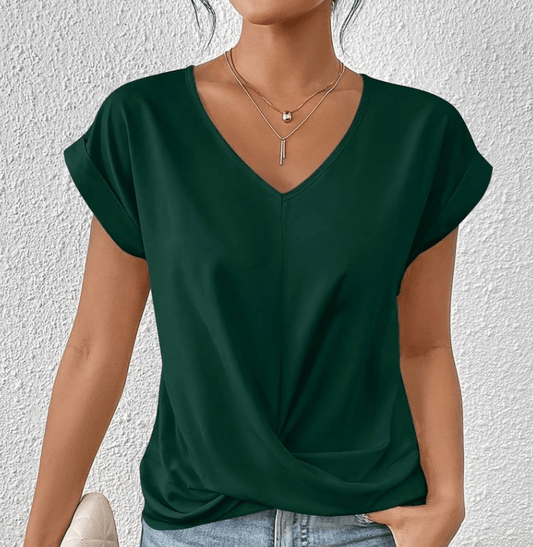 Women's V-Neck Twist Front Short Sleeve - 
Fashinoza
