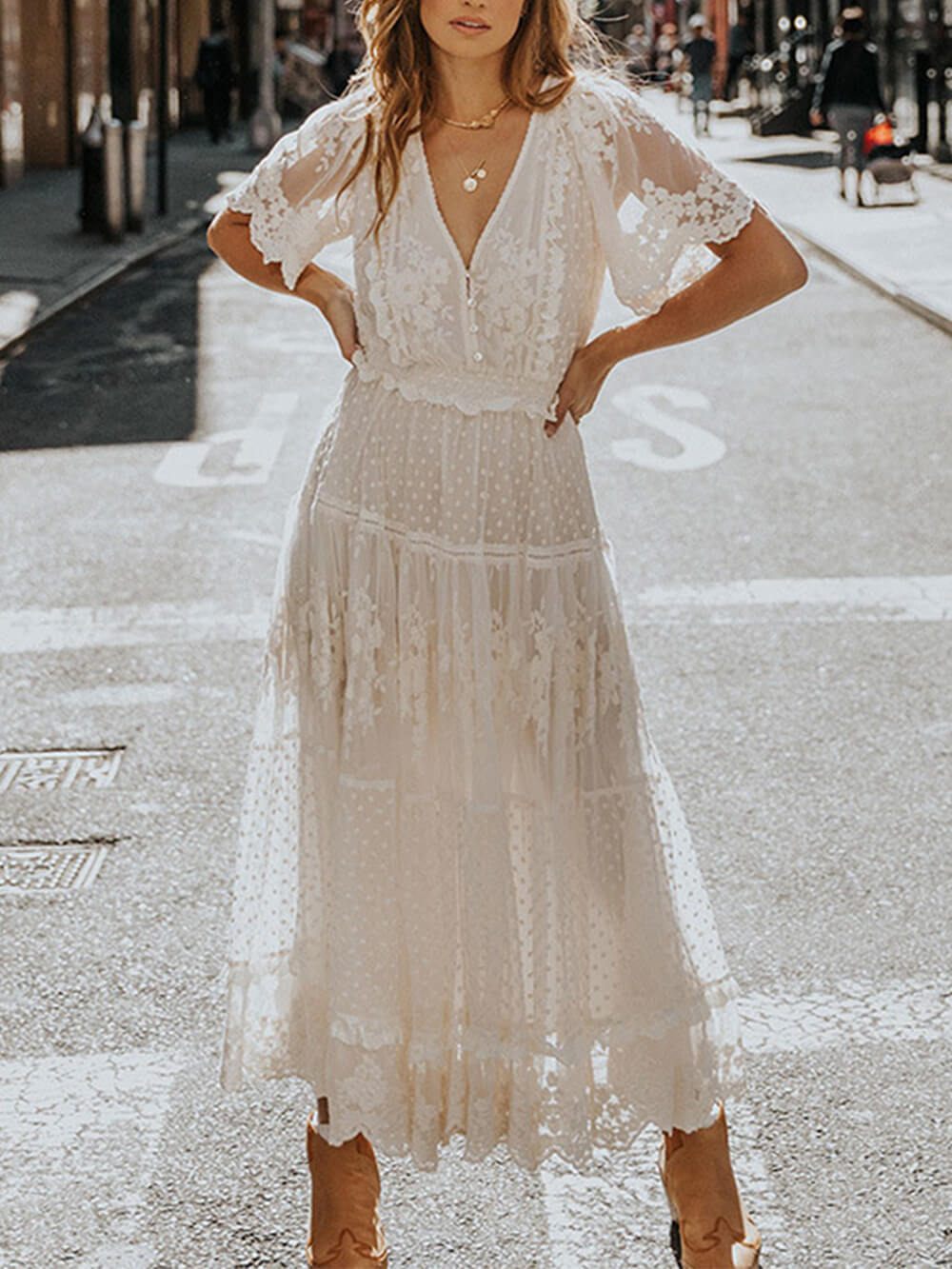 Women's V-Neck Lace Midi Dress - Fashinoza