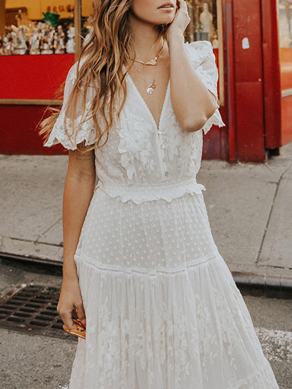 Image of Hazel | Women's V-Neck Lace A-Line Midi Dress