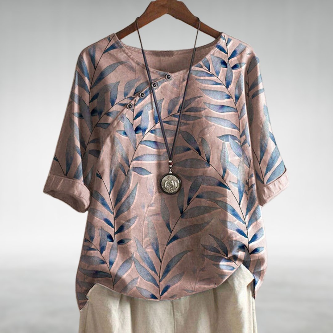 Women's Leaf Print Blouse Cotton Half Sleeve Round Neck