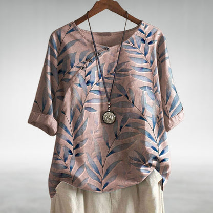 Women's Leaf Print Blouse Cotton Half Sleeve Round Neck