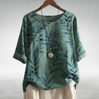 Women's Leaf Print Blouse Cotton Half Sleeve Round Neck