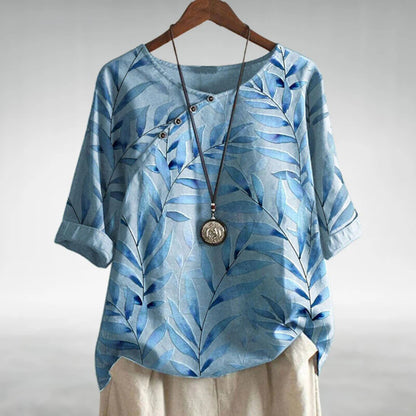 Women's Leaf Print Blouse Cotton Half Sleeve Round Neck - 
Fashinoza
