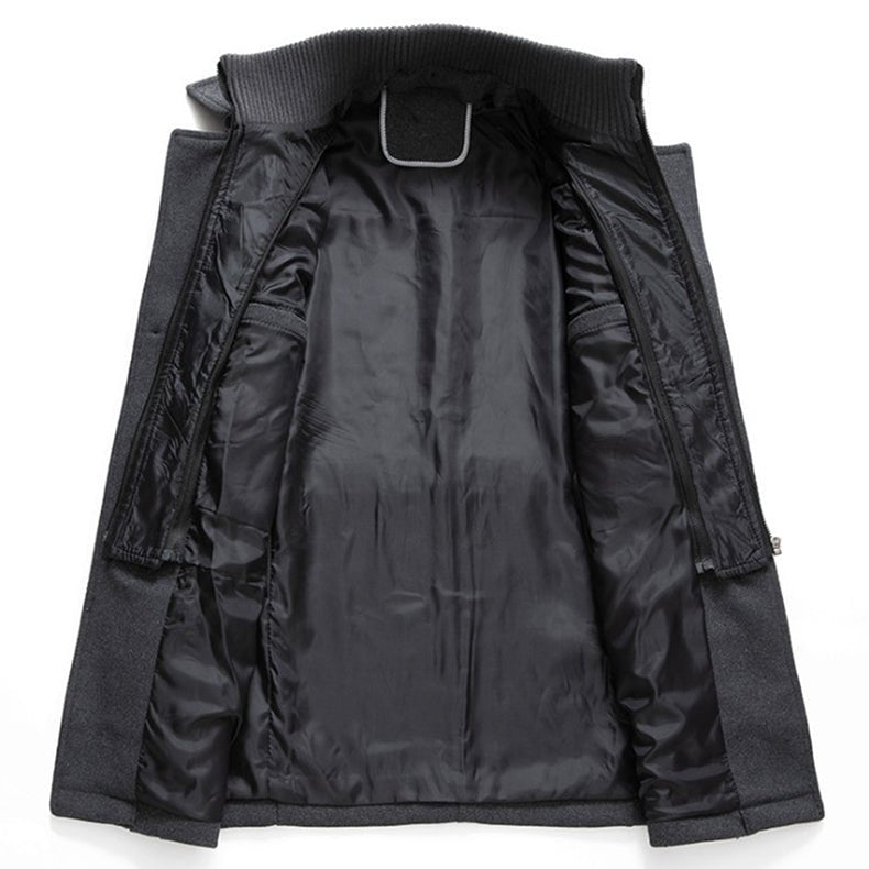 Men's Mid-Length Coat Button Front Zip Layer Stand-Up Collar