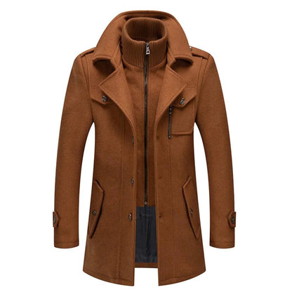Men's Mid-Length Coat Button Front Zip Layer Stand-Up Collar