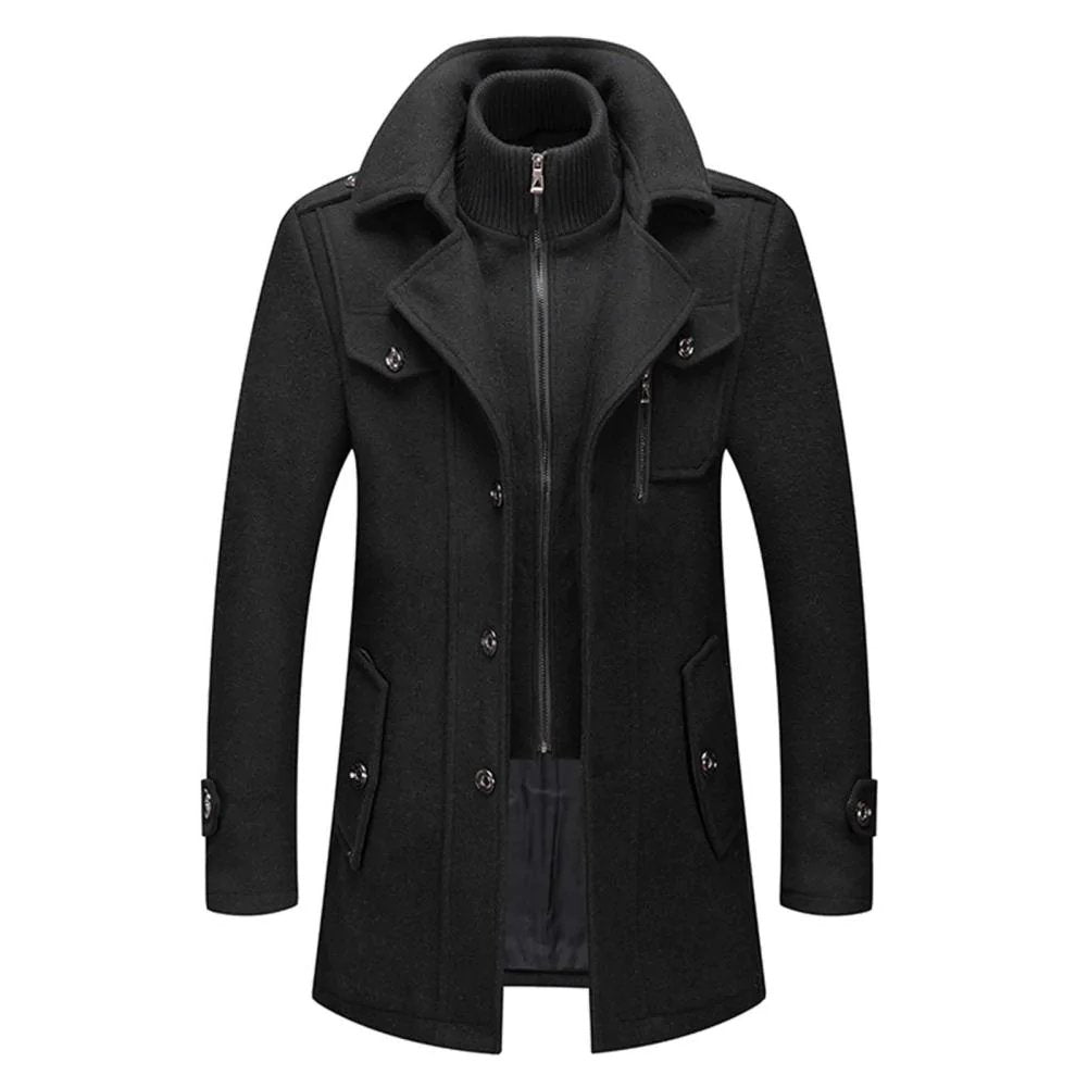 Men's Mid-Length Coat Button Front Zip Layer Stand-Up Collar - 
Fashinoza