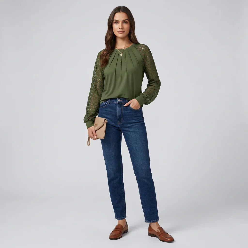 Women's Pleated Lace Long Sleeve Shirt - Fashinoza