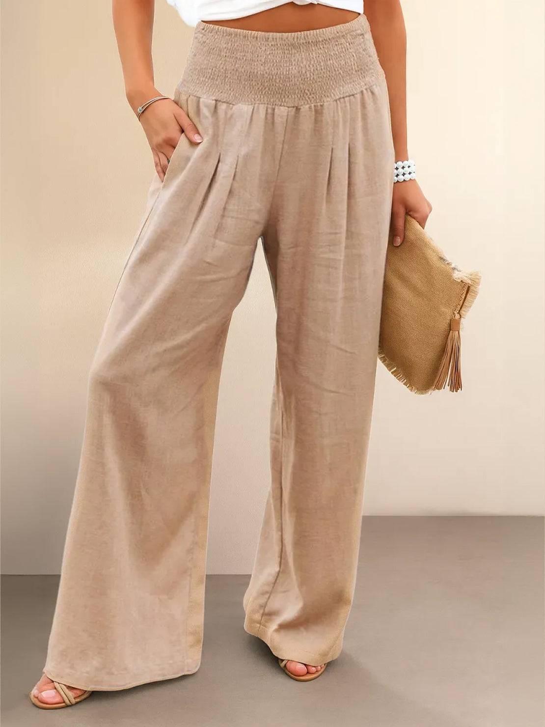 Women's High Waist Wide Leg Pants Smocked Waistband - Fashinoza