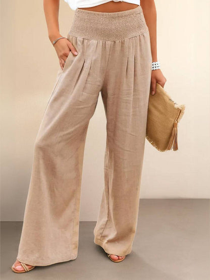 Women's High Waist Wide Leg Pants Smocked Waistband - Fashinoza