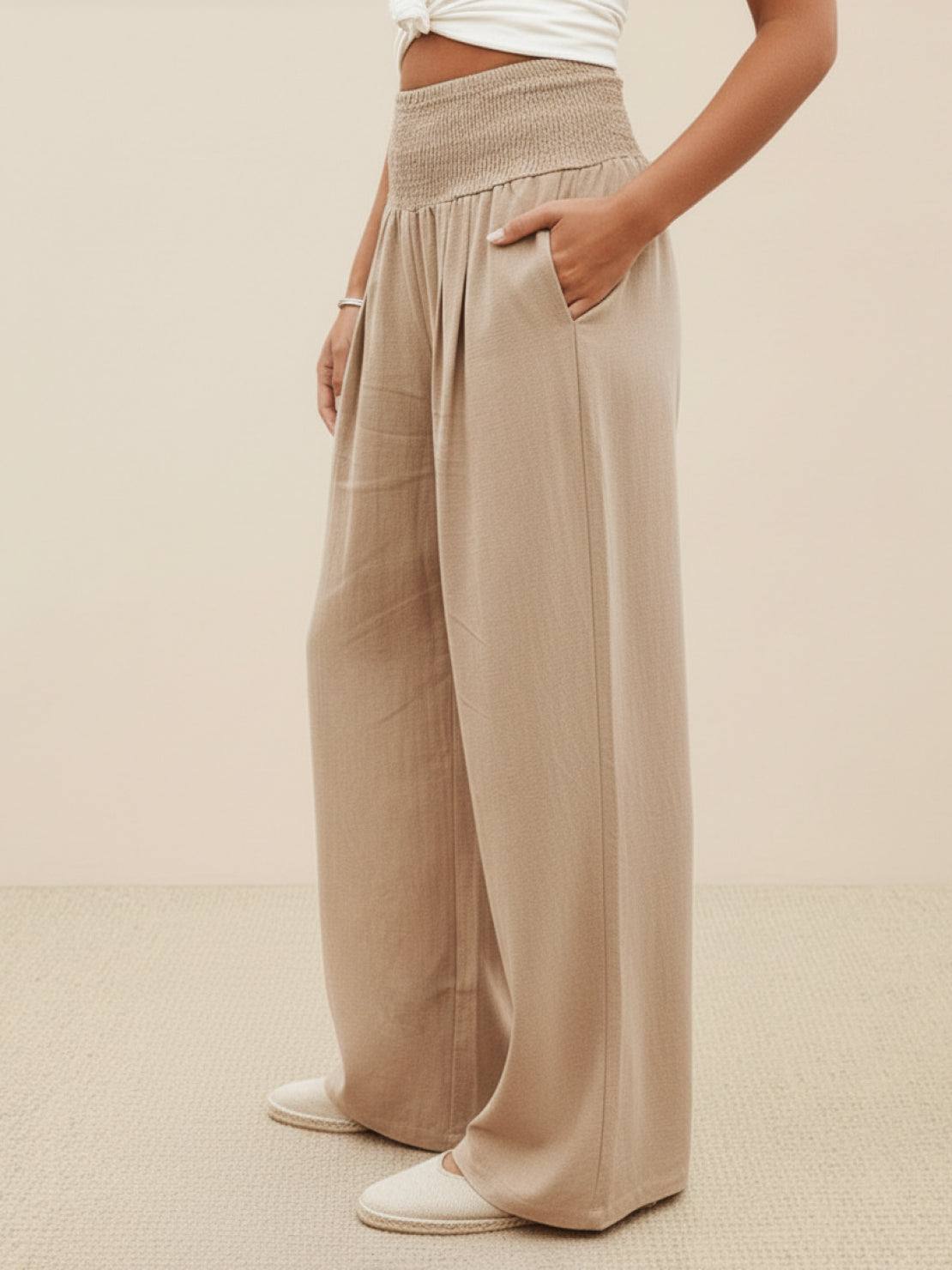 Women's High Waist Wide Leg Pants Smocked Waistband