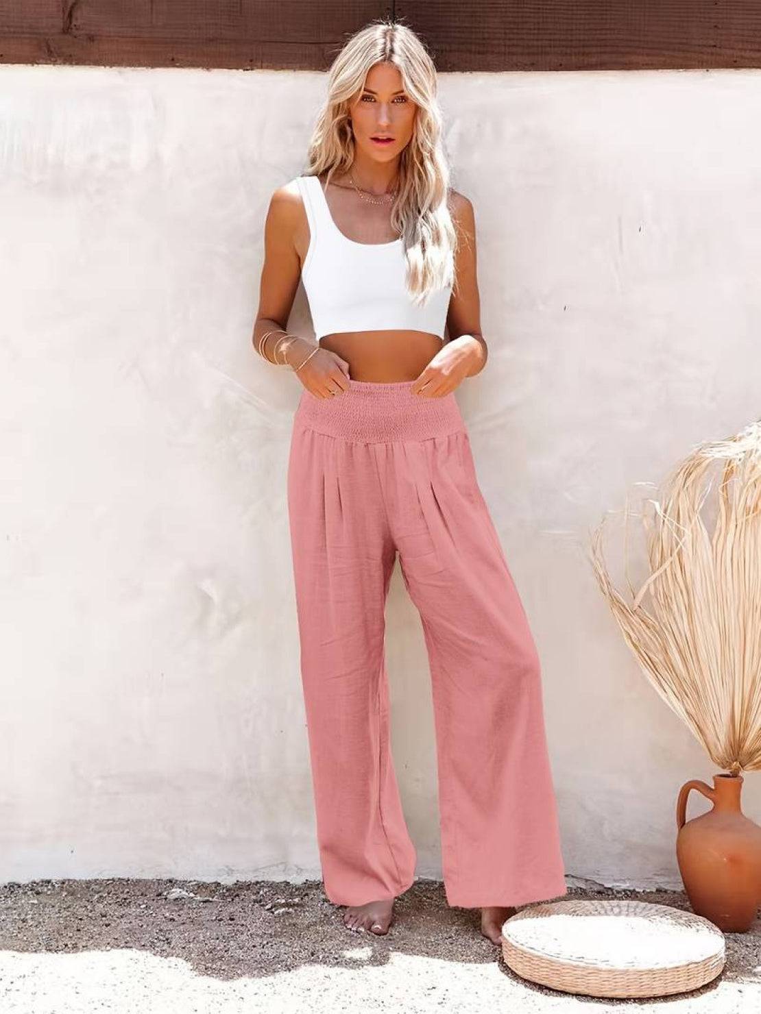 Women's High Waist Wide Leg Pants Smocked Waistband