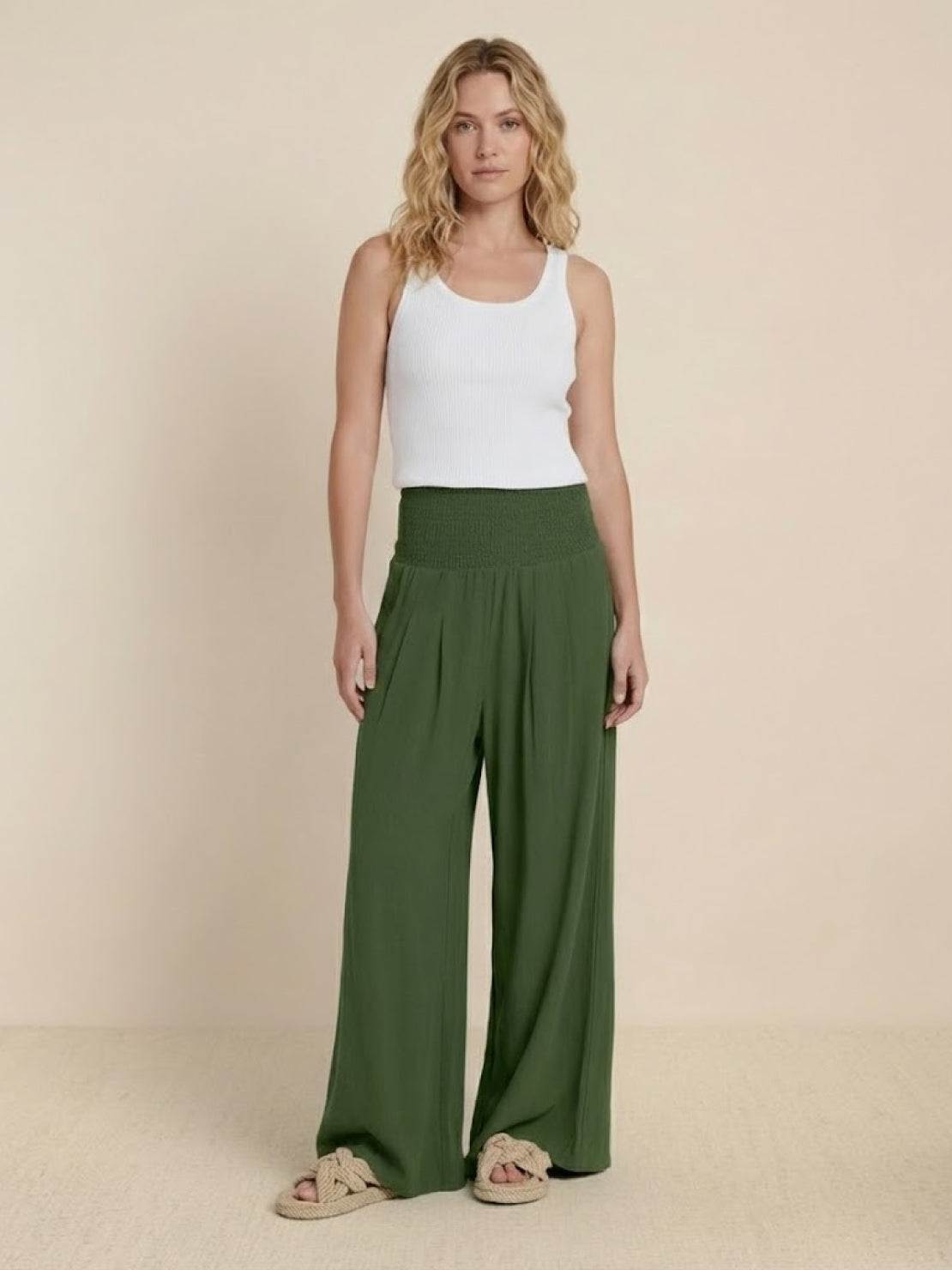 Women's High Waist Wide Leg Pants Smocked Waistband