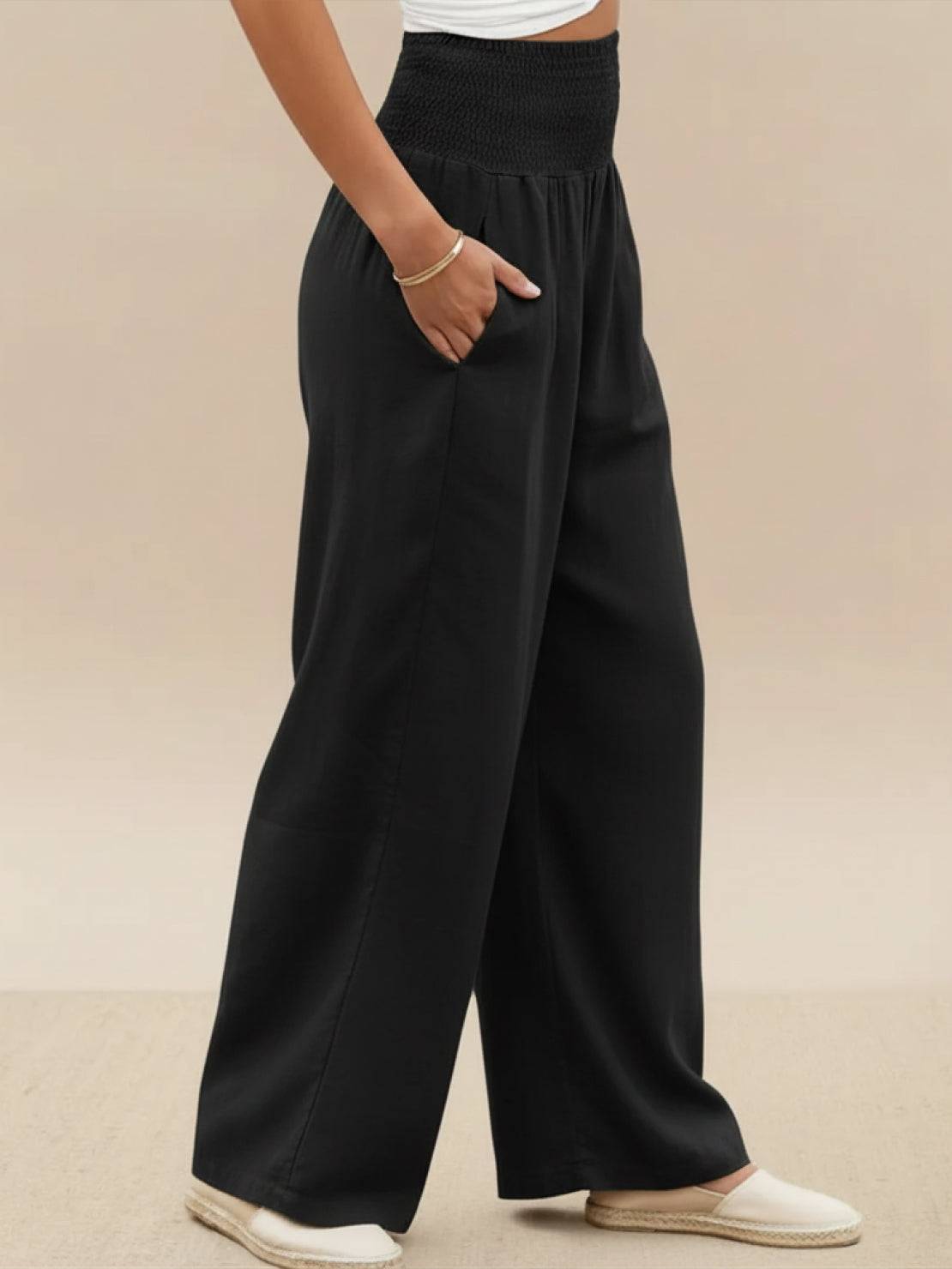 Women's High Waist Wide Leg Pants Smocked Waistband