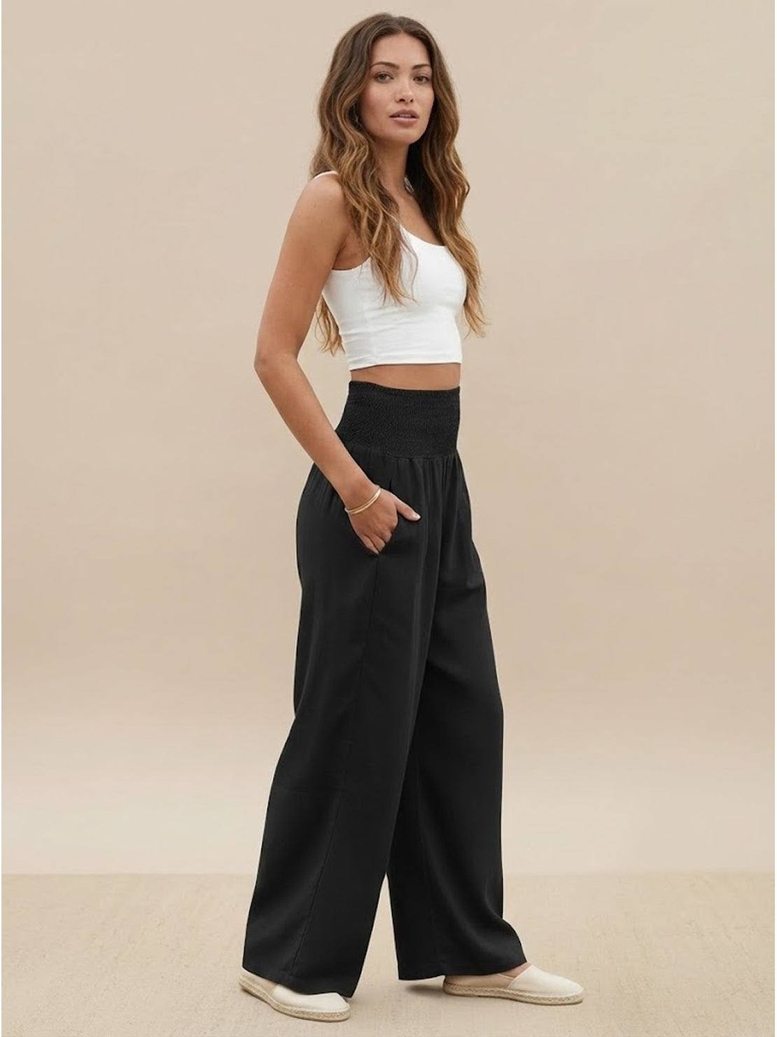 Women's High Waist Wide Leg Pants Smocked Waistband