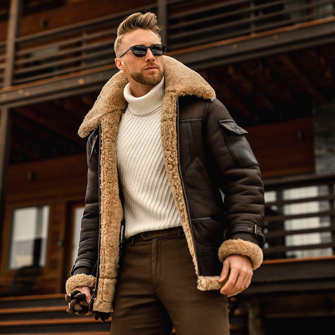 Men's Shearling Aviator Jacket - Fashinoza