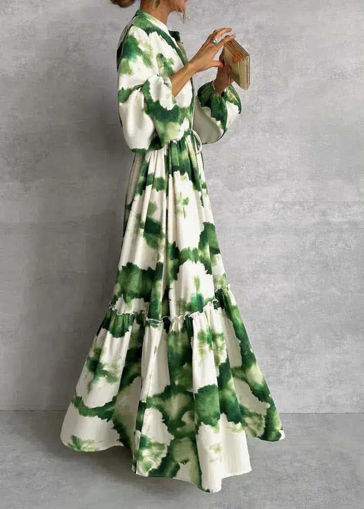Women's Long Sleeve Maxi Dress Tie-Dye Belted