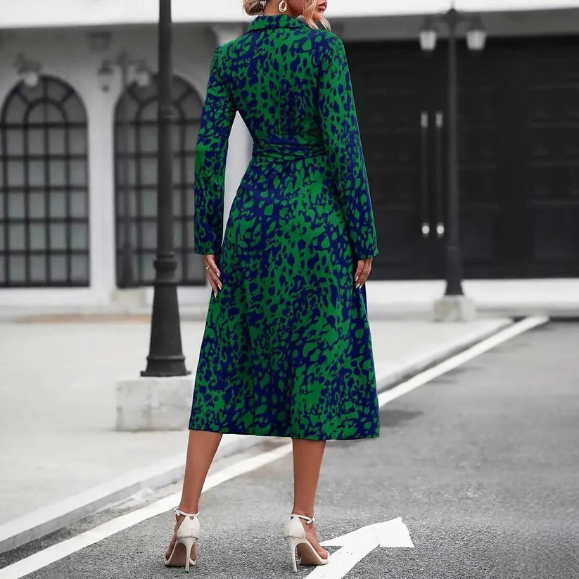 Women's Abstract Print Midi Dress Cotton Button Down Belted