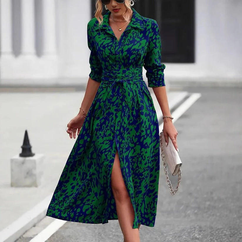 Women's Abstract Print Midi Dress Cotton Button Down Belted