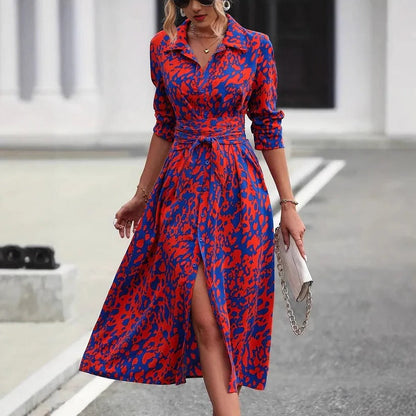 Women's Abstract Print Midi Dress Cotton Button Down Belted - Fashinoza