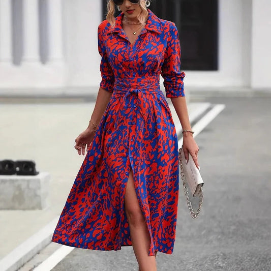Women's Abstract Print Midi Dress Cotton Button Down Belted - Fashinoza