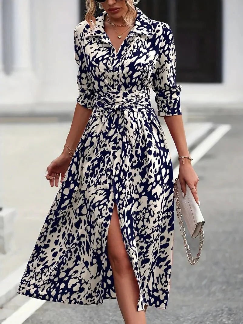 Women's Abstract Print Midi Dress Cotton Button Down Belted