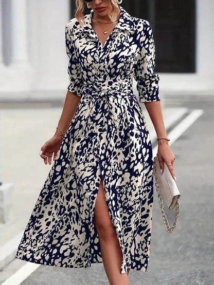 Women's Abstract Print Midi Dress Cotton Button Down Belted