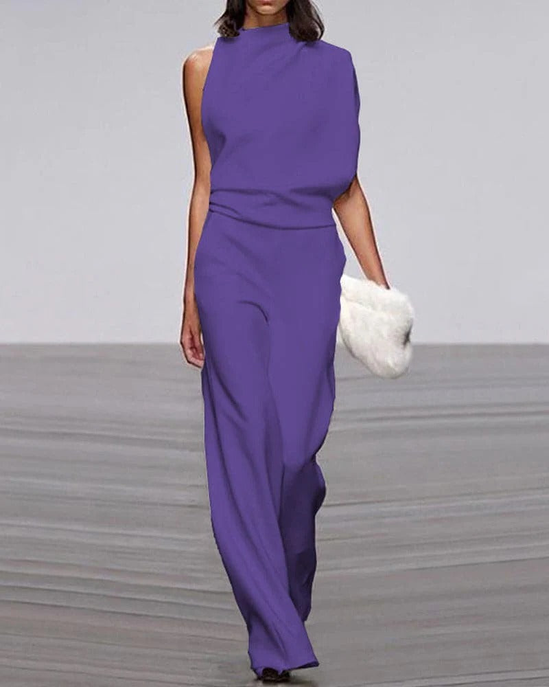 Women's Sleeveless Jumpsuit Wide Leg Mock Neck Ivory Formal