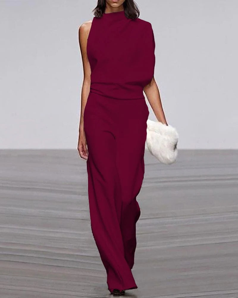 Women's Sleeveless Jumpsuit Wide Leg Mock Neck Ivory Formal