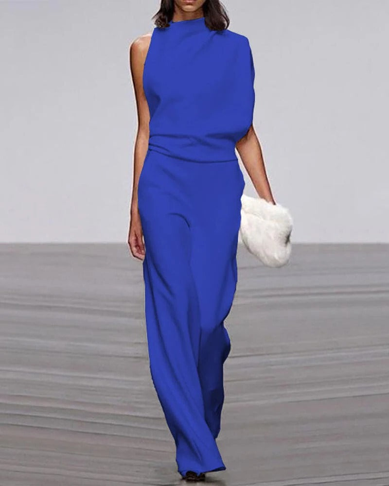 Women's Sleeveless Jumpsuit Wide Leg Mock Neck Ivory Formal