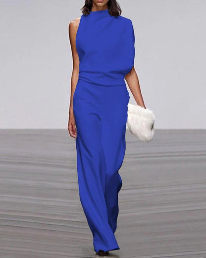 Women's Sleeveless Jumpsuit Wide Leg Mock Neck Ivory Formal
