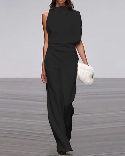 Women's Sleeveless Jumpsuit Wide Leg Mock Neck Ivory Formal