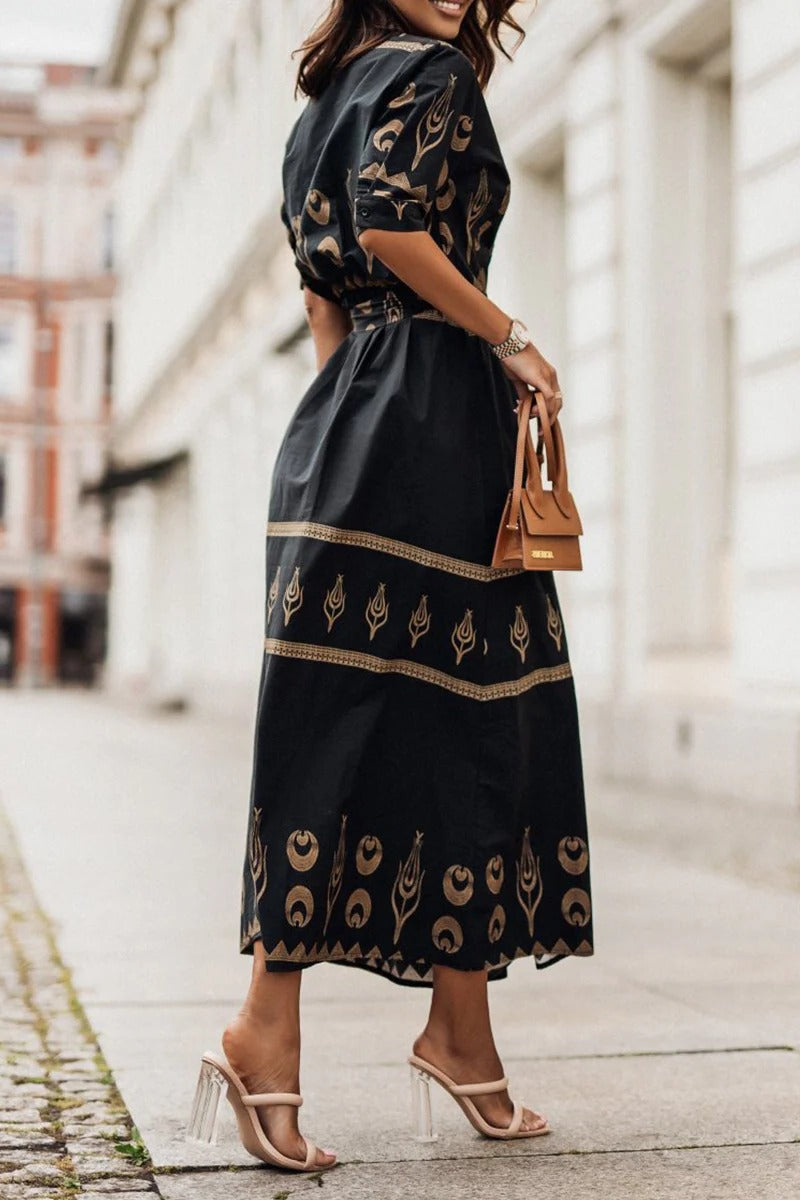Women's Boho Print Midi Dress Belted