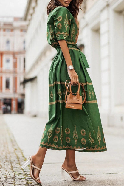 Women's Boho Print Midi Dress Belted