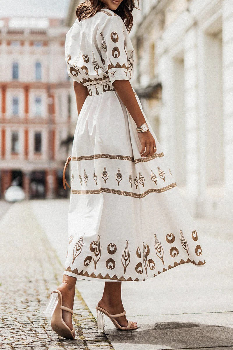 Women's Boho Print Midi Dress Belted