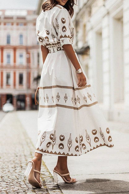 Women's Boho Print Midi Dress Belted