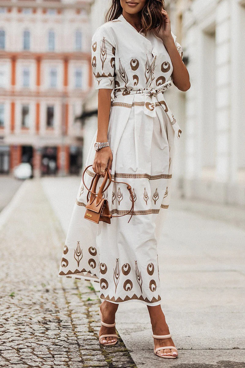 Women's Boho Print Midi Dress Belted