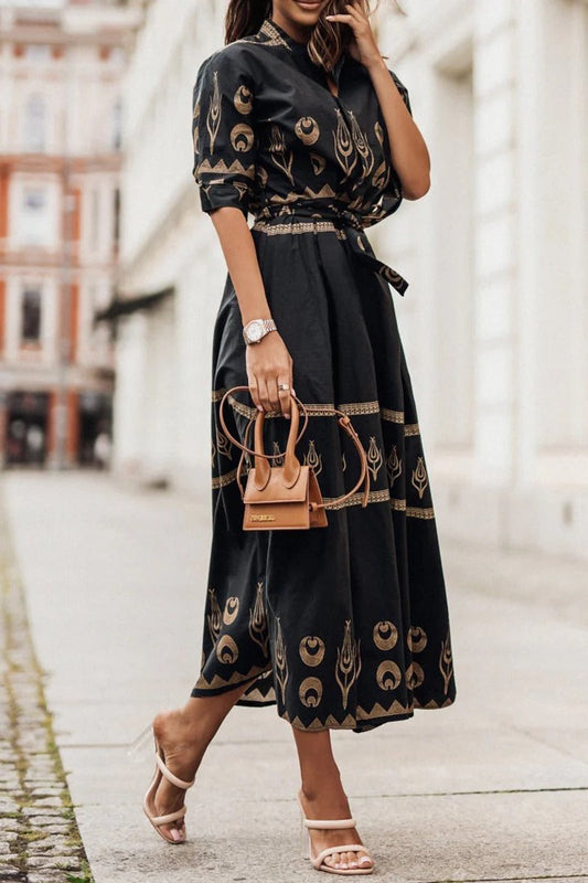 Women's Boho Print Midi Dress Belted - Fashinoza