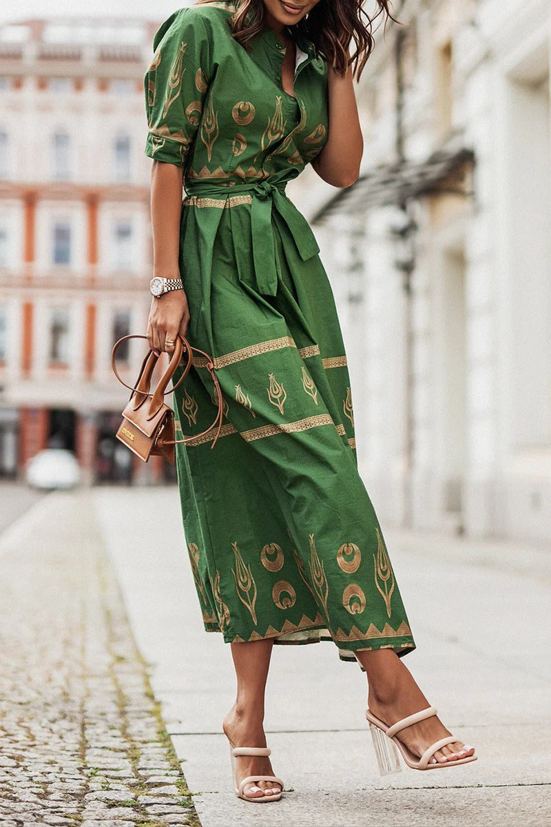 Women's Boho Print Midi Dress Belted