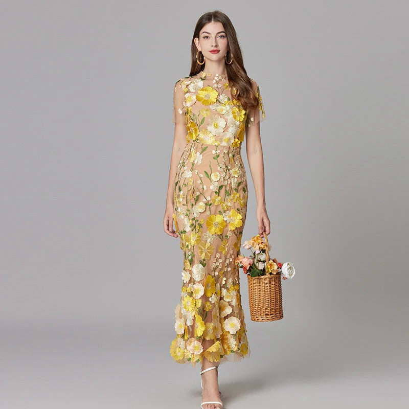 Aurelia Women's Mesh Sleeveless Maxi Dress Floral Sheer Black - Fashinoza