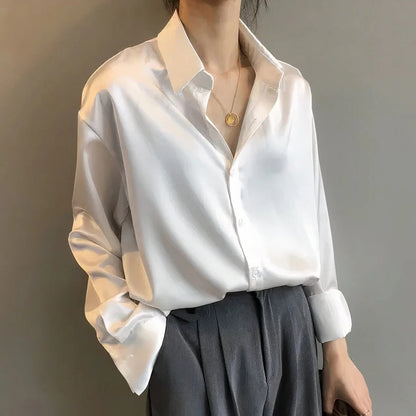 Women's Satin Long Sleeve Blouse White