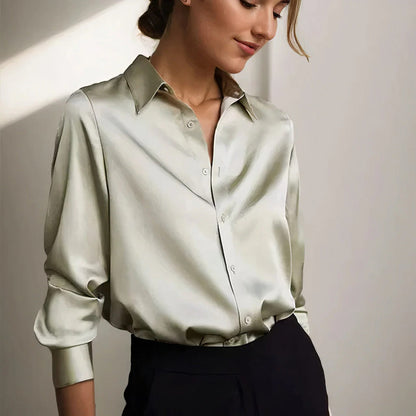 Women's Satin Long Sleeve Blouse White - Fashinoza